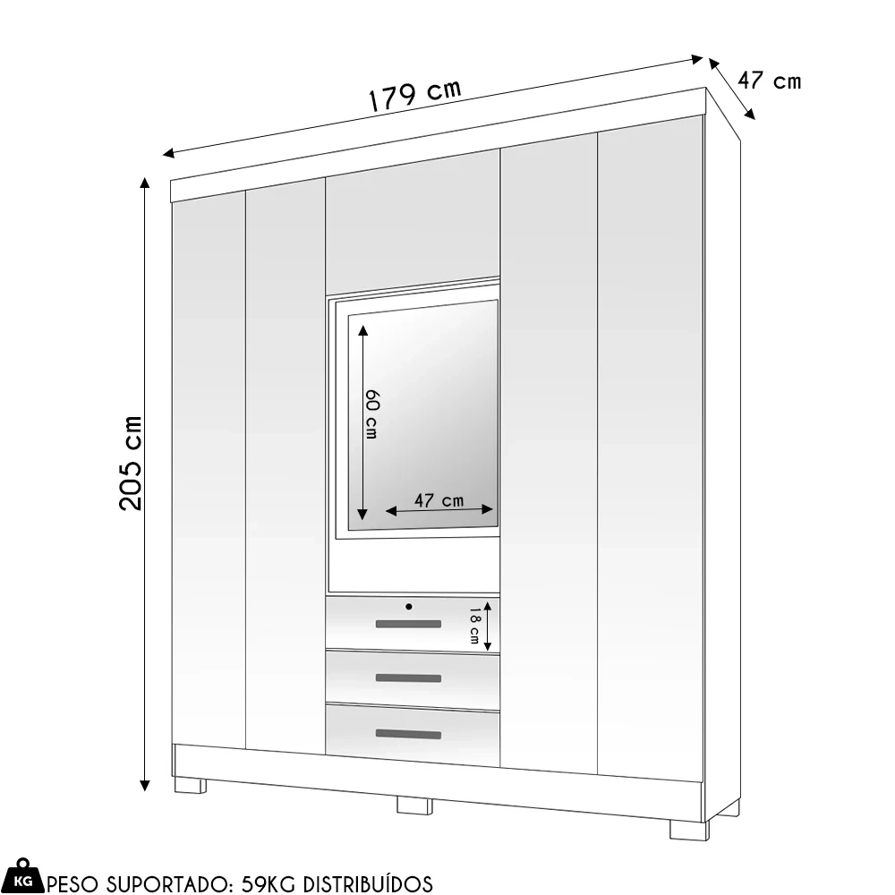 Guarda Roupa Casal com Espelho 6 Portas Reino Unido Carvalho/Off White - Incorplac