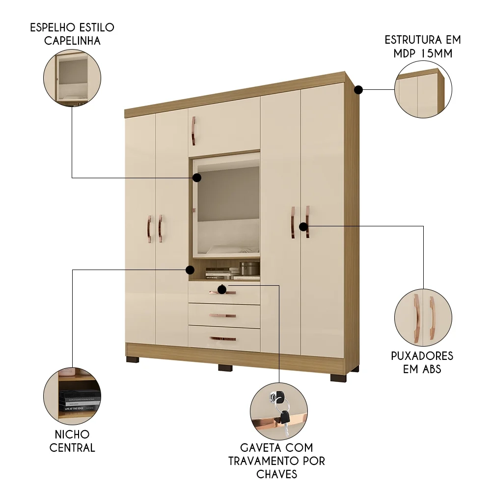 Guarda Roupa Casal com Espelho 6 Portas Reino Unido Carvalho/Off White - Incorplac