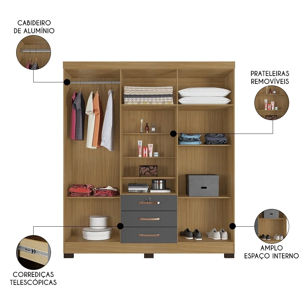 Guarda Roupa Casal com Espelho 6 Portas Reino Unido Carvalho/Grafite - Incorplac