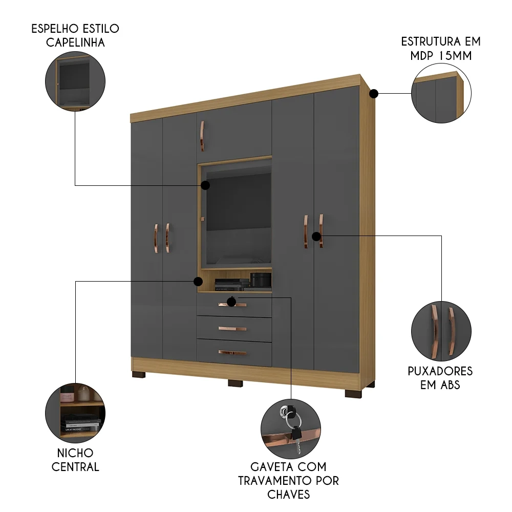 Guarda Roupa Casal com Espelho 6 Portas Reino Unido Carvalho/Grafite - Incorplac