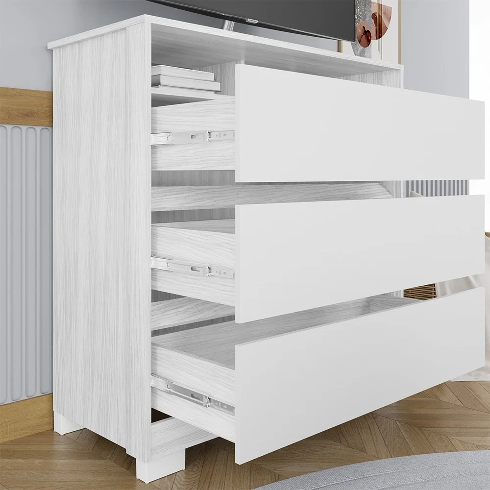 Cômoda para Quarto 3 Gavetas 90cm Califórnia Carvalho Branco/Branco - Incorplac