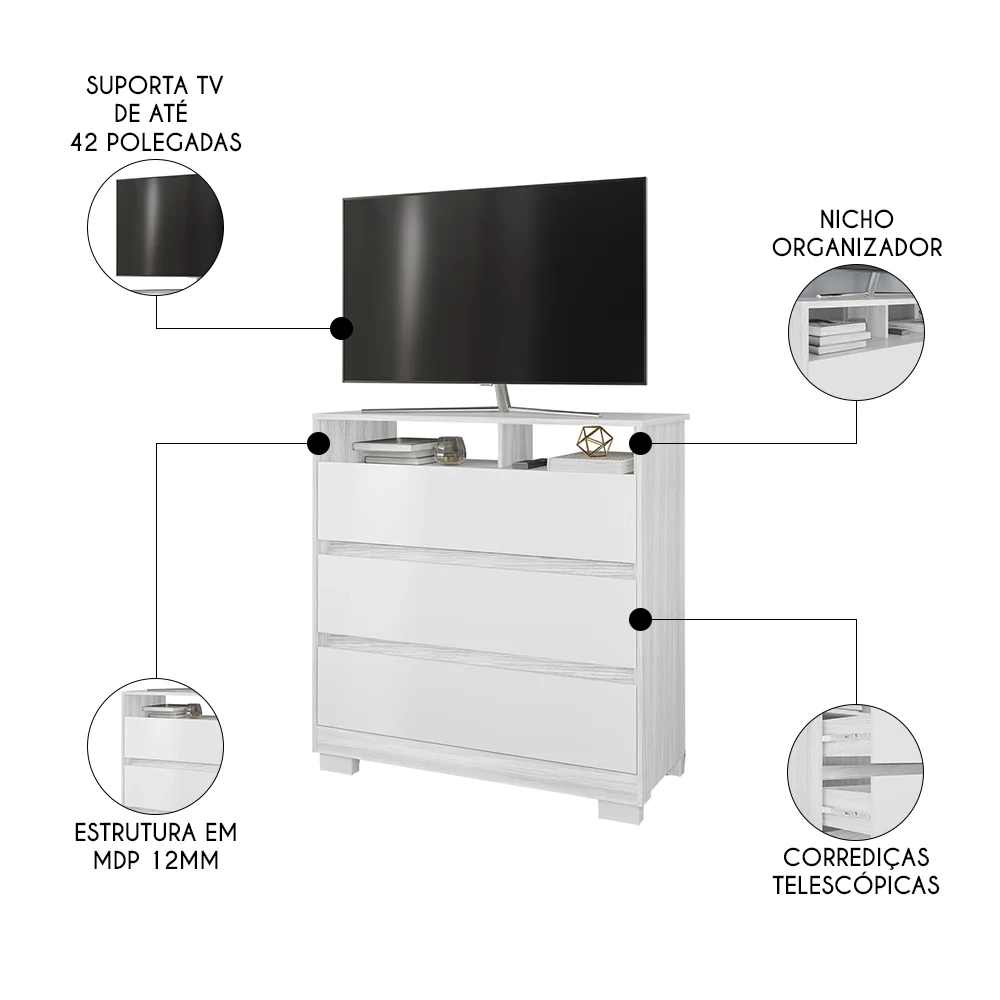 Cômoda para Quarto 3 Gavetas 90cm Califórnia Carvalho Branco/Branco - Incorplac