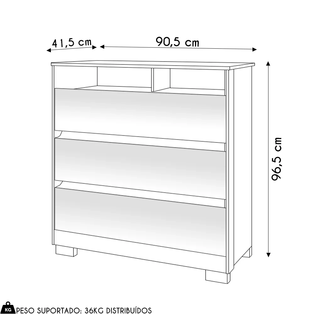 Cômoda para Quarto 3 Gavetas 90cm Califórnia Carvalho Branco/Branco - Incorplac