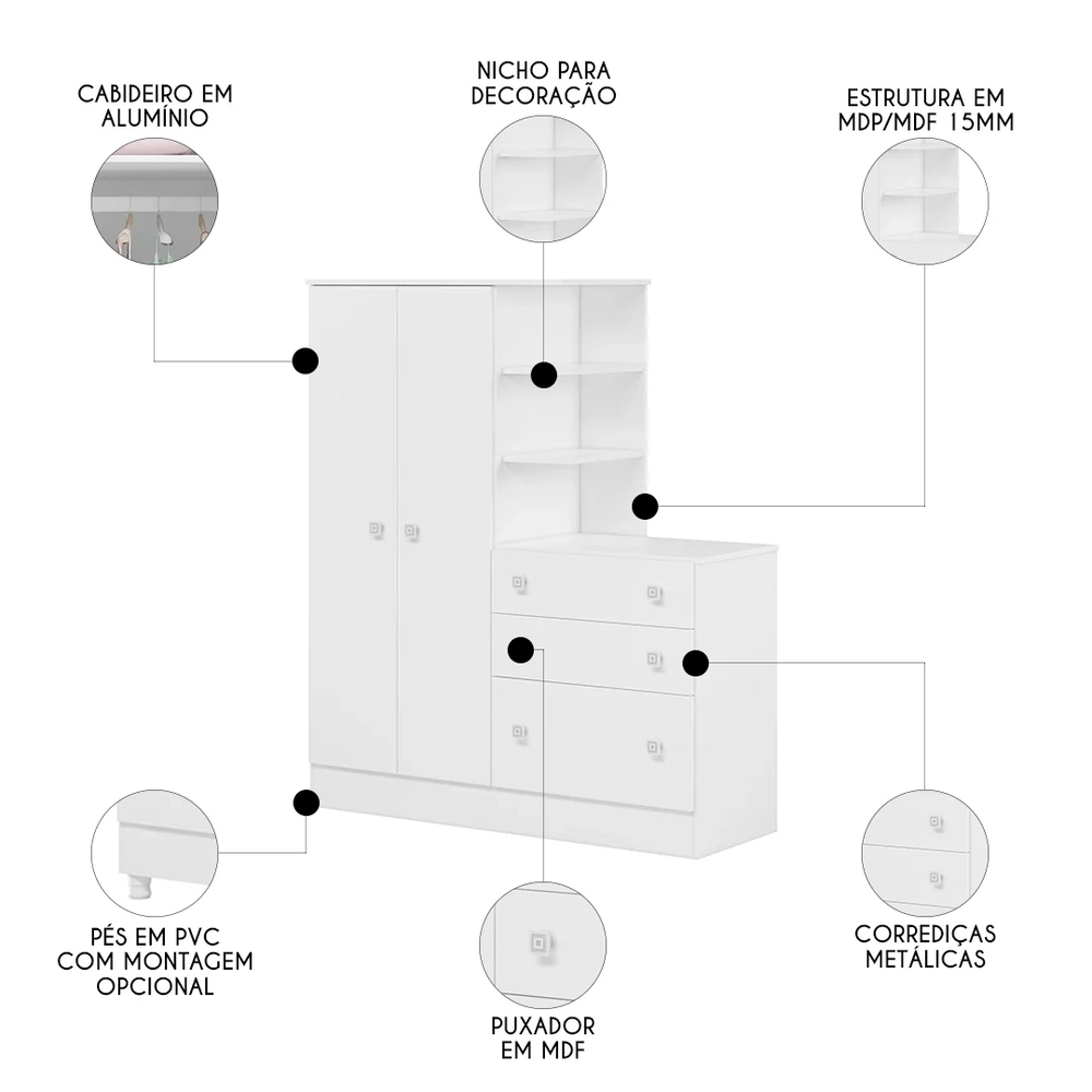 Guarda Roupa Cômoda Infantil Doce Sonho Branco - Qmovi