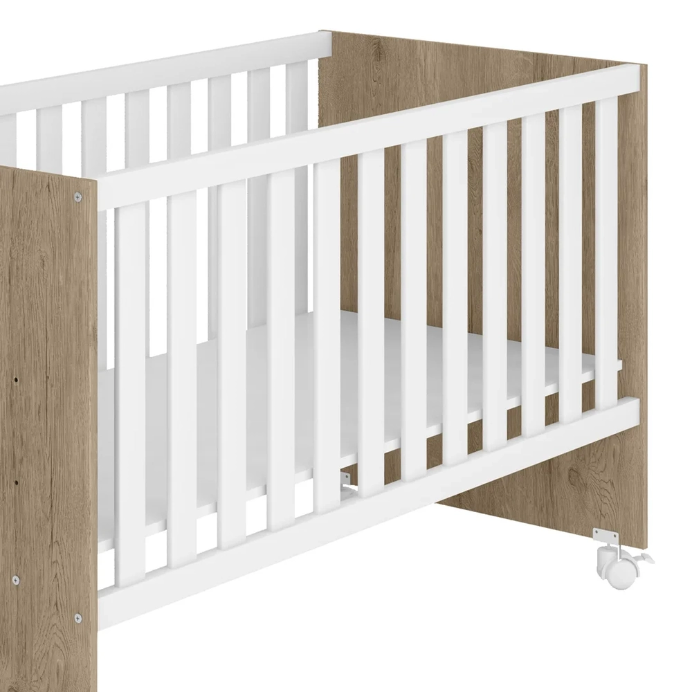 Berço Reto Para Colchão 130x60 Com Rodízios Doce Sonho Carvalho/Branco - Qmovi