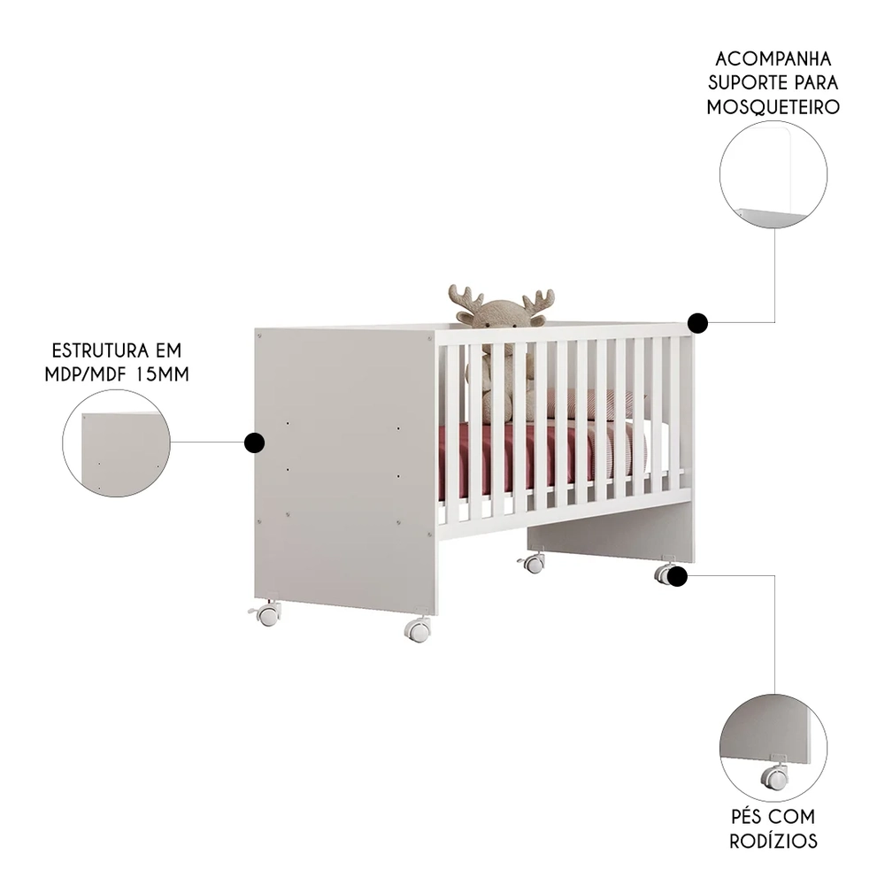 Berço Reto Para Colchão 130x60 Com Rodízios Doce Sonho Branco - Qmovi