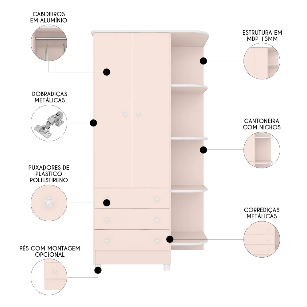 Guarda Roupa Infantil Com Cantoneira Doce Sonho Rosa - Qmovi
