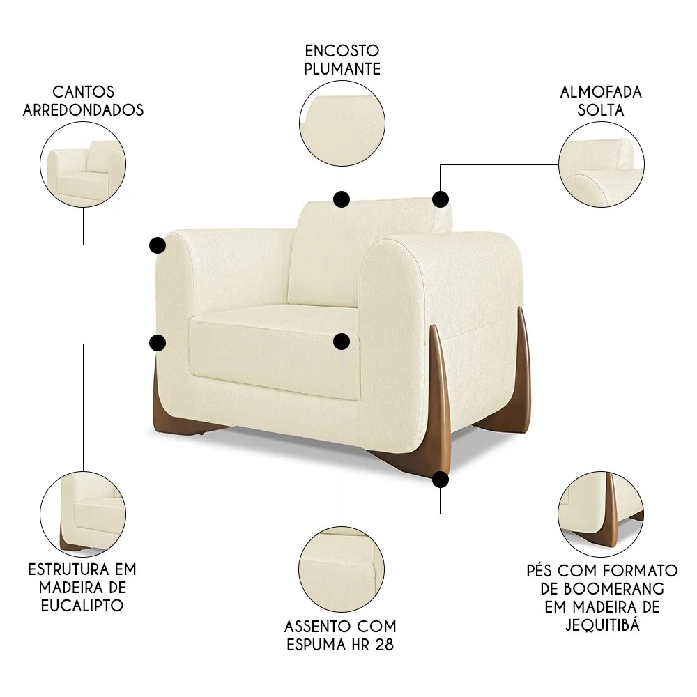 Poltrona para Sala Base de Madeira Izzy S06 Linho Pérola - Mpozenato