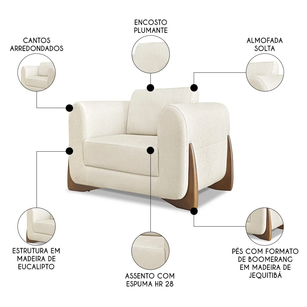 Poltrona para Sala Base de Madeira Izzy S06 Linho Natural - Mpozenato