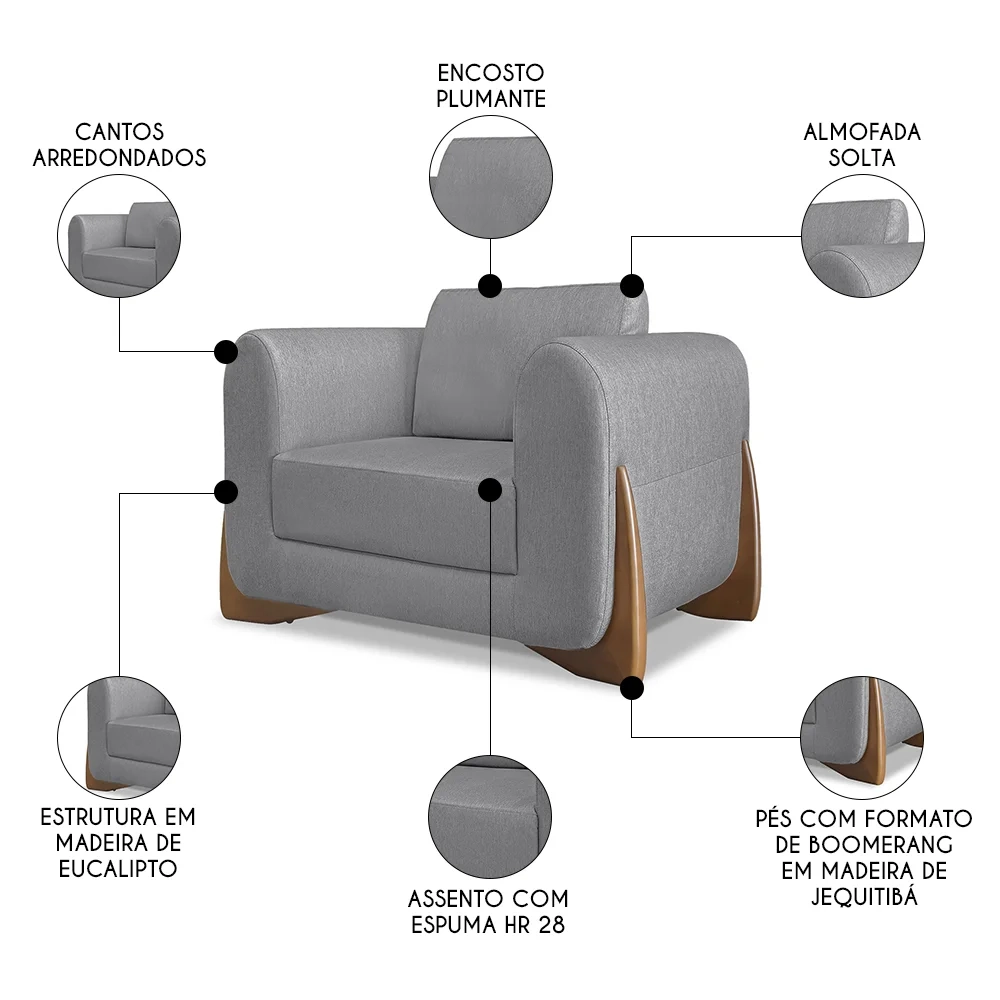 Poltrona para Sala Base de Madeira Izzy S06 Linho Cinza - Mpozenato