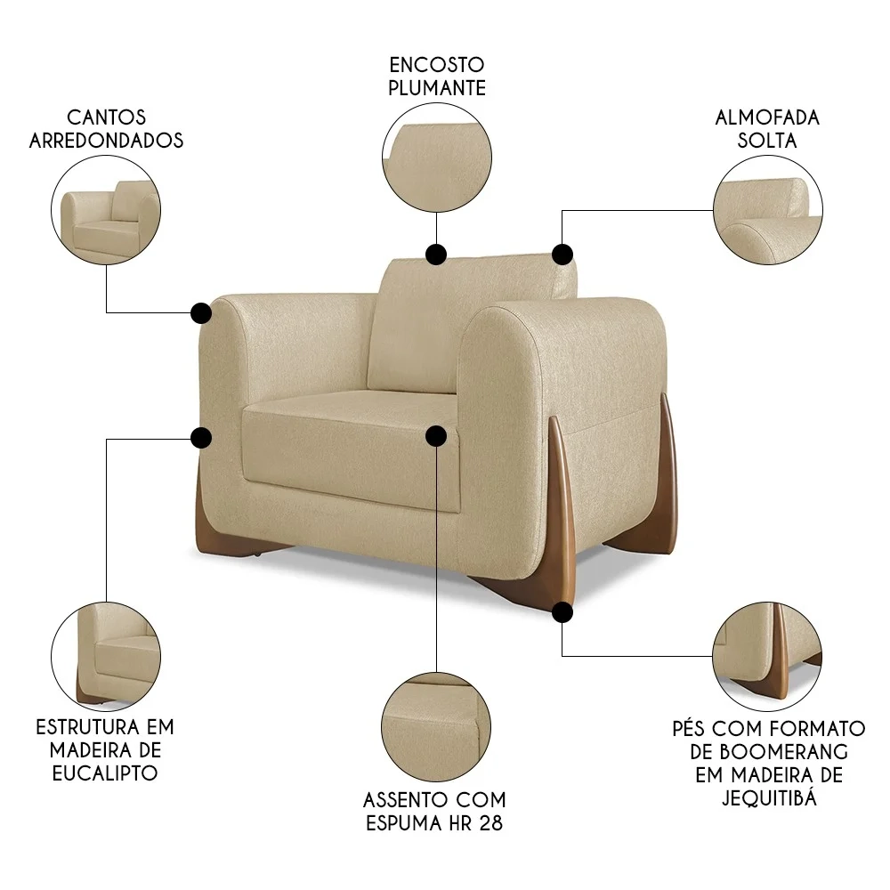 Poltrona para Sala Base de Madeira Kit 2 Izzy S06 Linho Dourado - Mpozenato