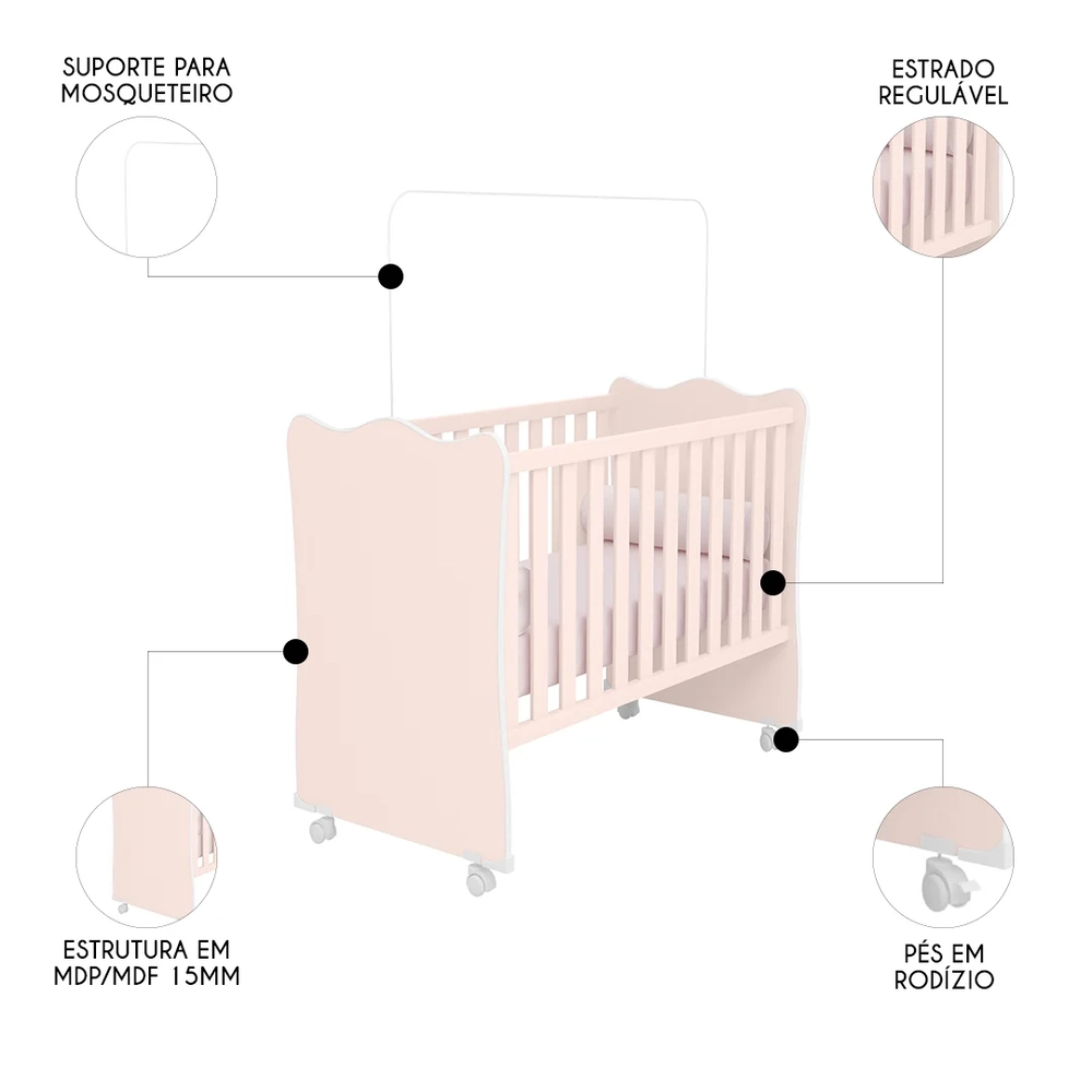 Berço Simples Para Colchão 130x60 Com Rodízios Doce Sonho Carvalho/Branco - Qmovi