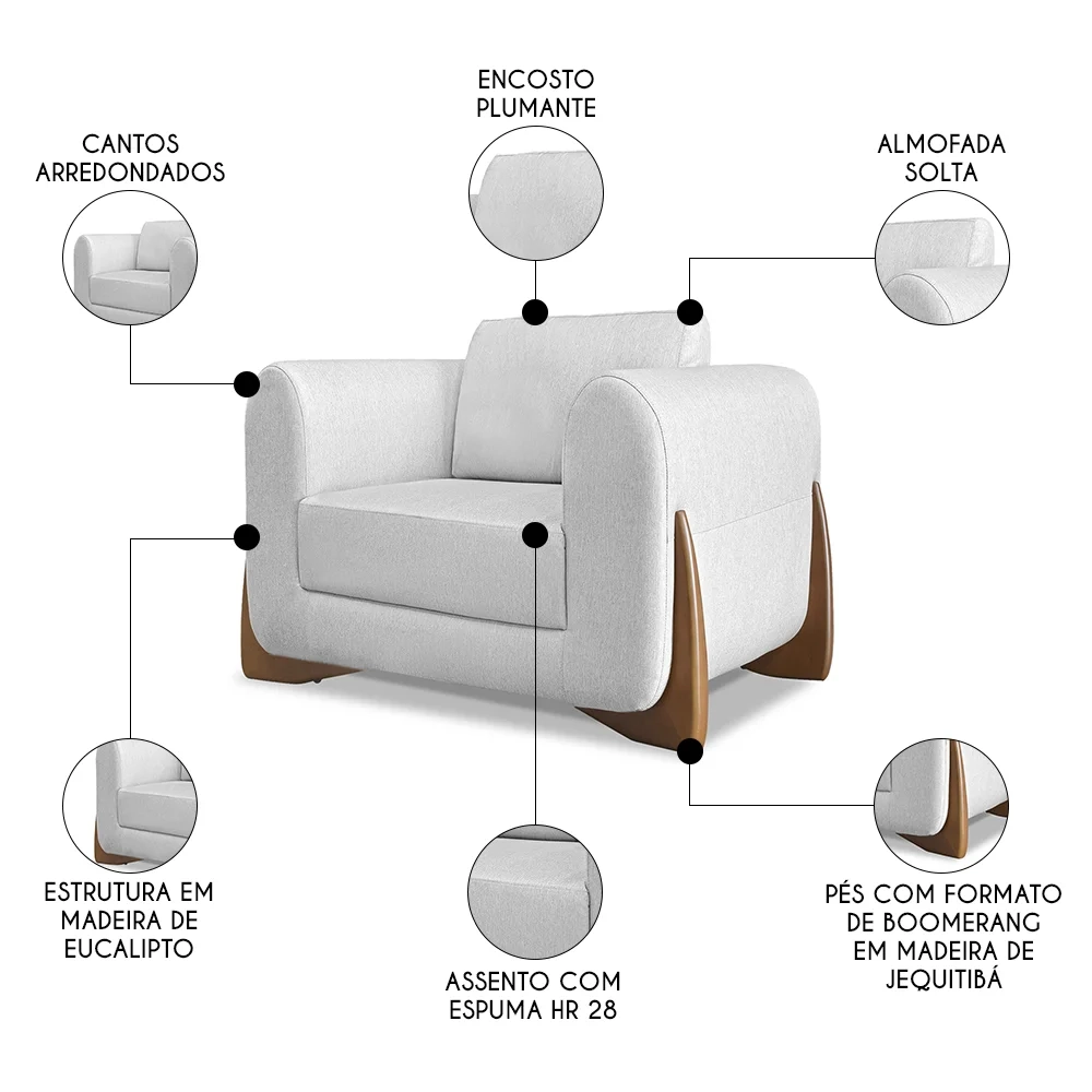 Poltrona para Sala Base de Madeira Kit 2 Izzy S06 Linho Grigio - Mpozenato