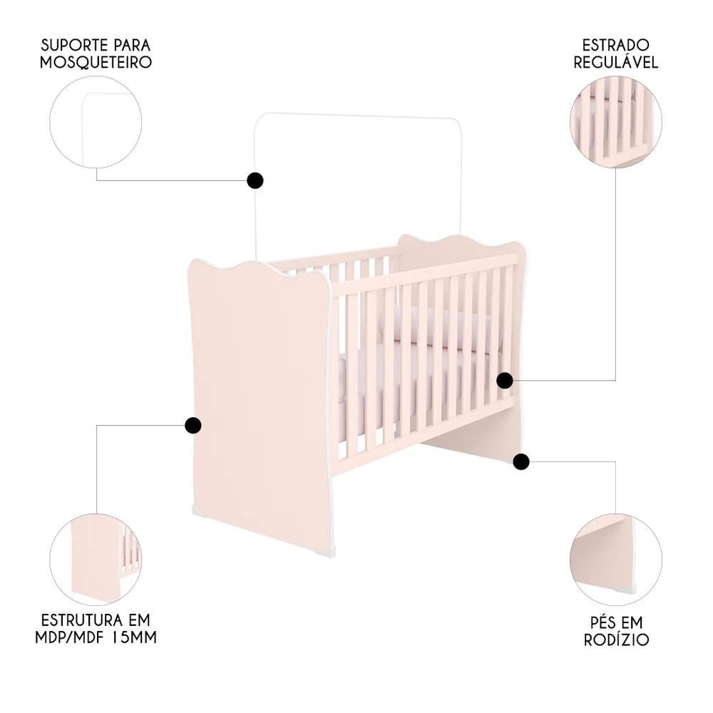 Berço Simples Para Colchão 130x60 Com Rodízios Doce Sonho Branco - Qmovi