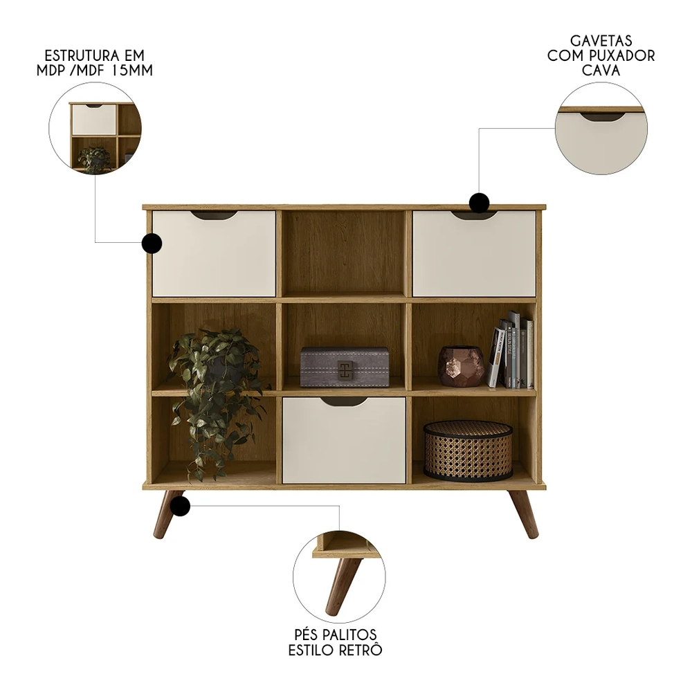 Nicho Organizador Retrô 3 Gavetas Freijó/Off White - Qmovi