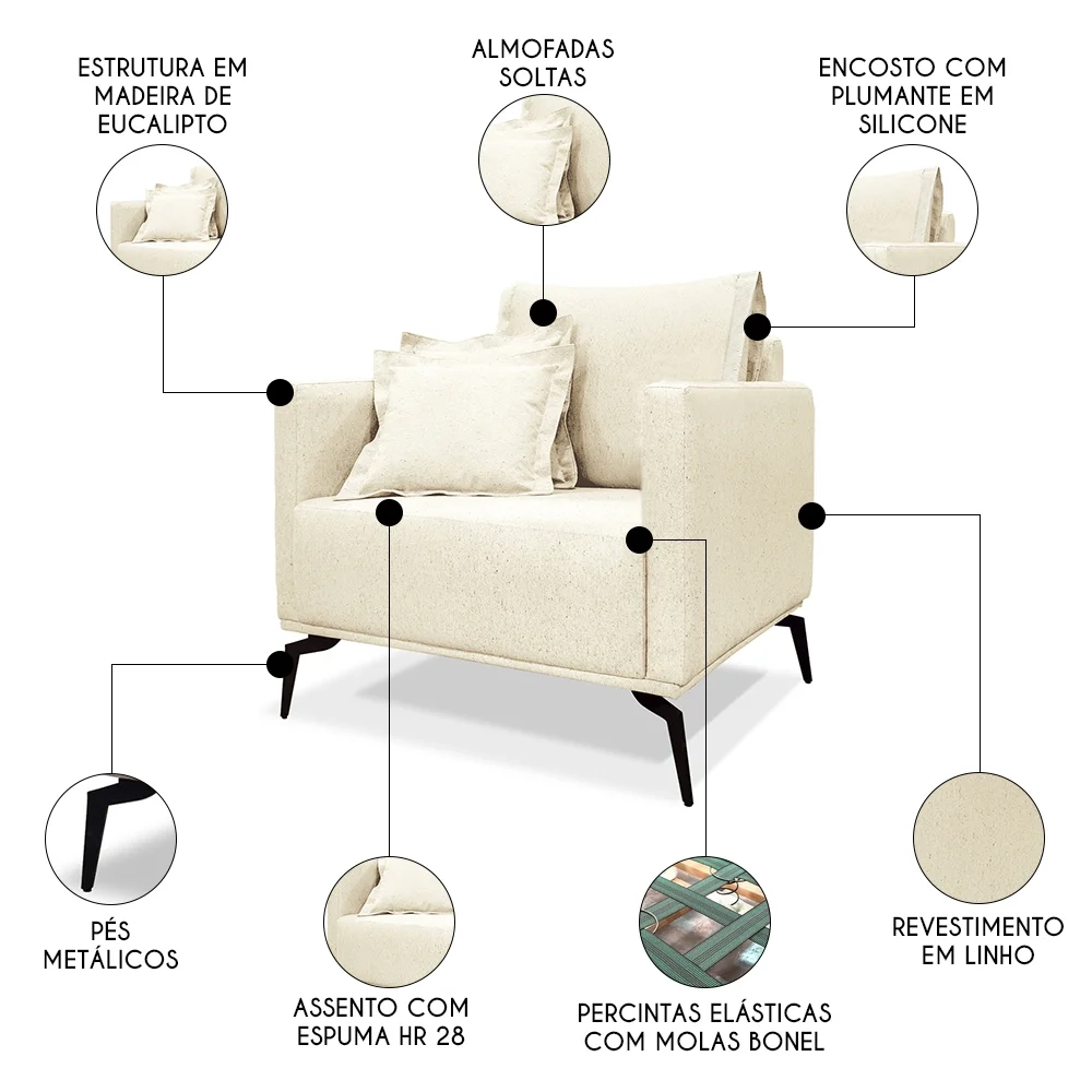 Poltrona para Sala Pés de Metal Vecchia S06 Linho Pérola - Mpozenato