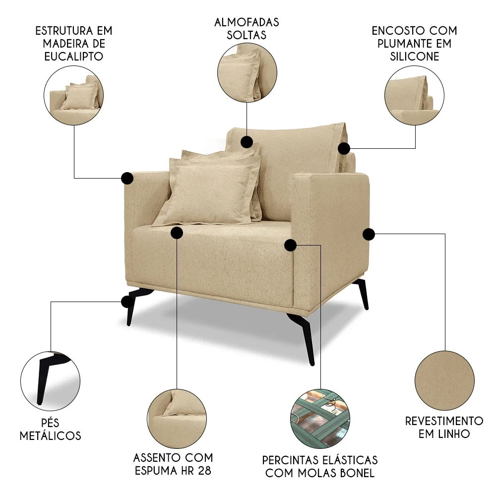 Poltrona para Sala Pés de Metal Vecchia S06 Linho Dourado - Mpozenato