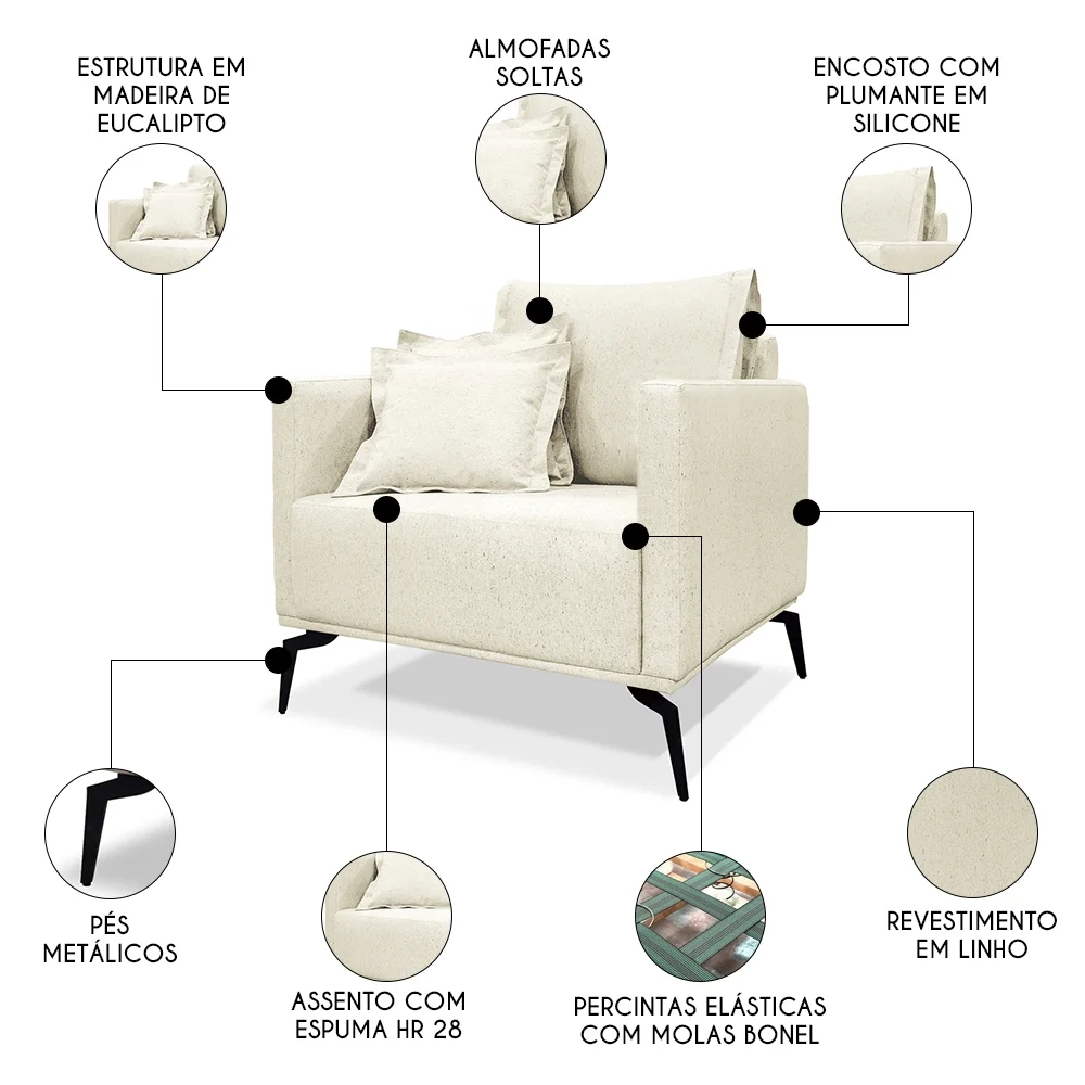 Poltrona para Sala Pés de Metal Vecchia S06 Linho Natural - Mpozenato