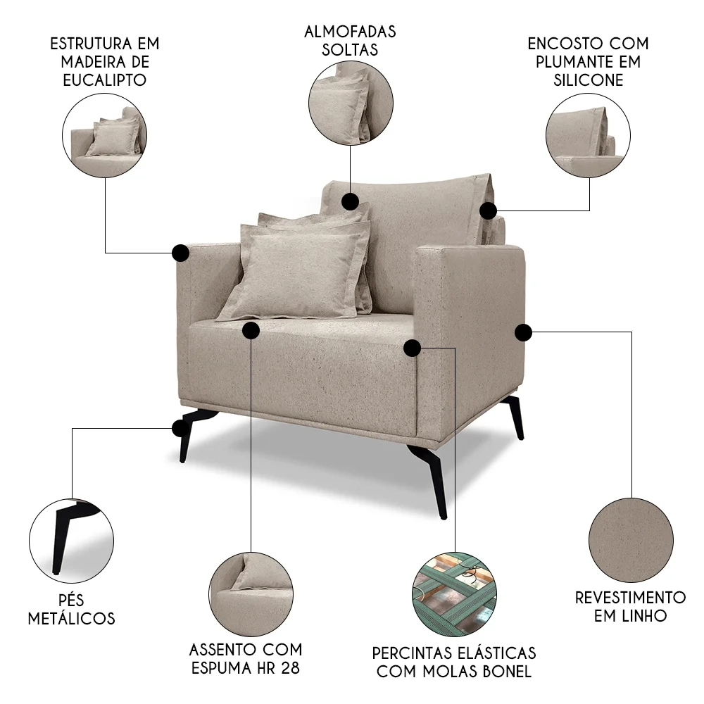 Poltrona para Sala Pés de Metal Vecchia S06 Linho Areia - Mpozenato