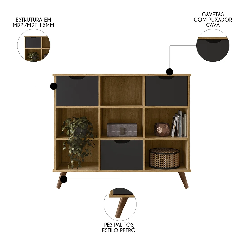 Nicho Organizador Retrô 3 Gavetas Freijó/Preto - Qmovi