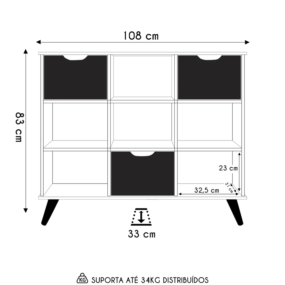 Nicho Organizador Retrô 3 Gavetas Freijó/Preto - Qmovi