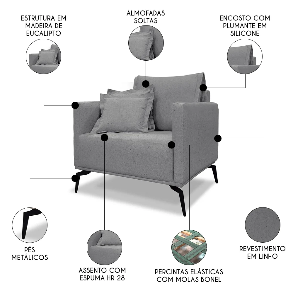 Poltrona para Sala Pés de Metal Vecchia S06 Linho Cinza - Mpozenato