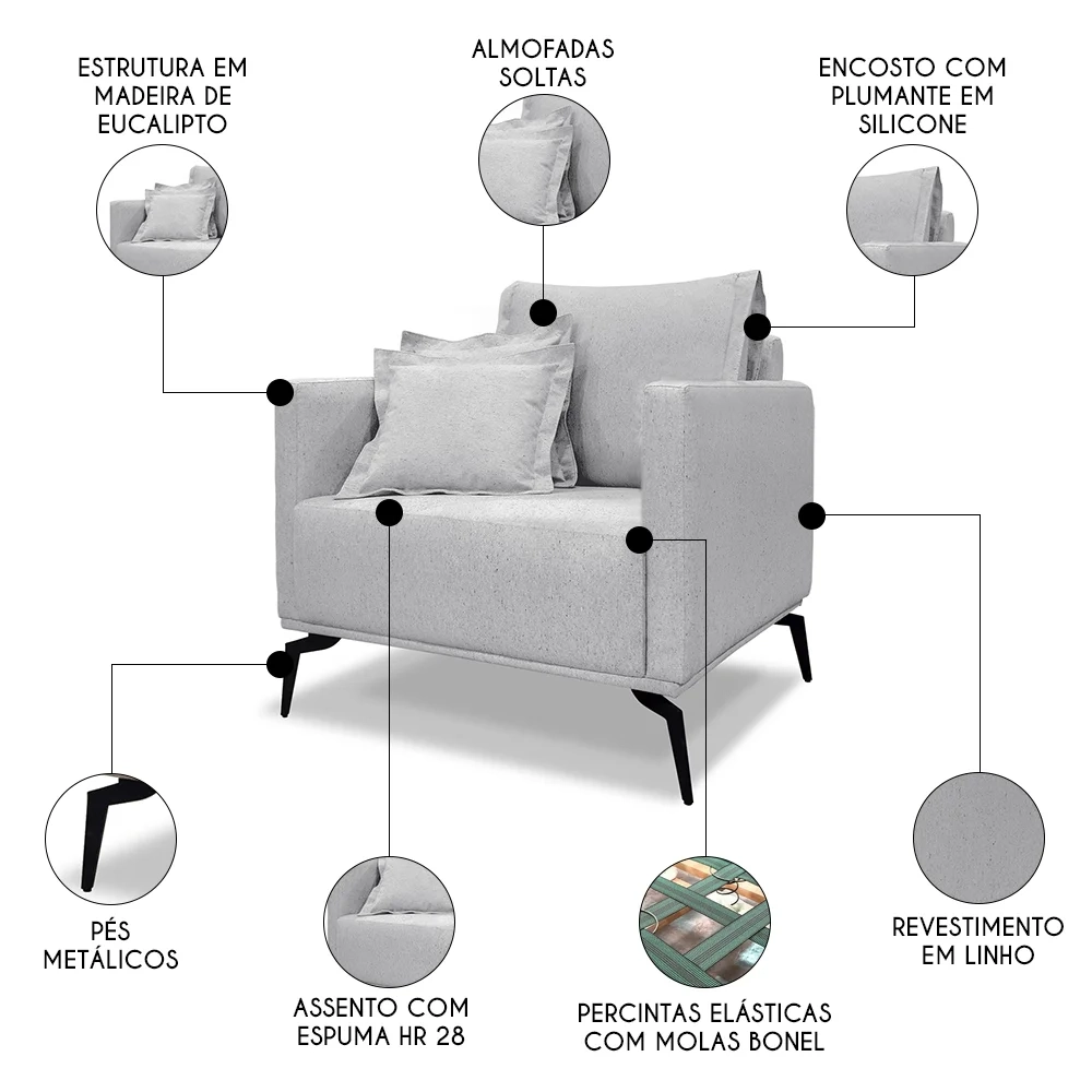 Poltrona para Sala Pés de Metal Vecchia S06 Linho Grigio - Mpozenato