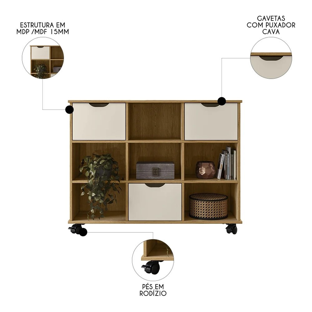 Nicho Organizador 3 Gavetas com Rodízios Freijó/Off White - Qmovi