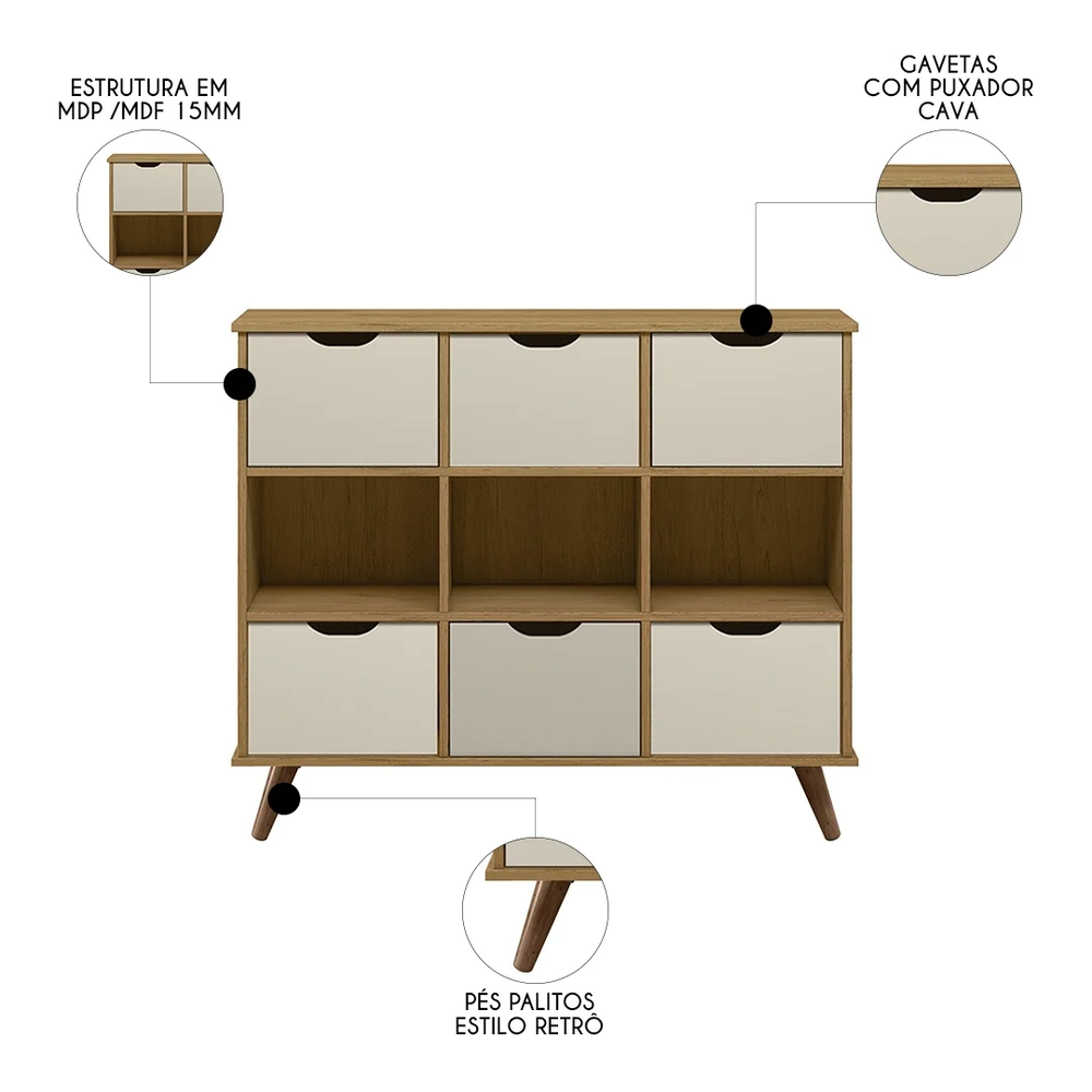 Nicho Organizador Retrô 6 Gavetas Freijó/Off White - Qmovi