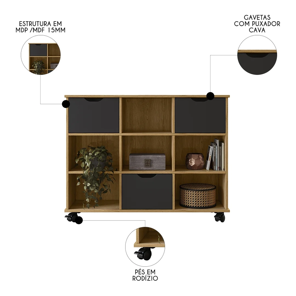 Nicho Organizador 3 Gavetas com Rodízios Freijó/Preto - Qmovi