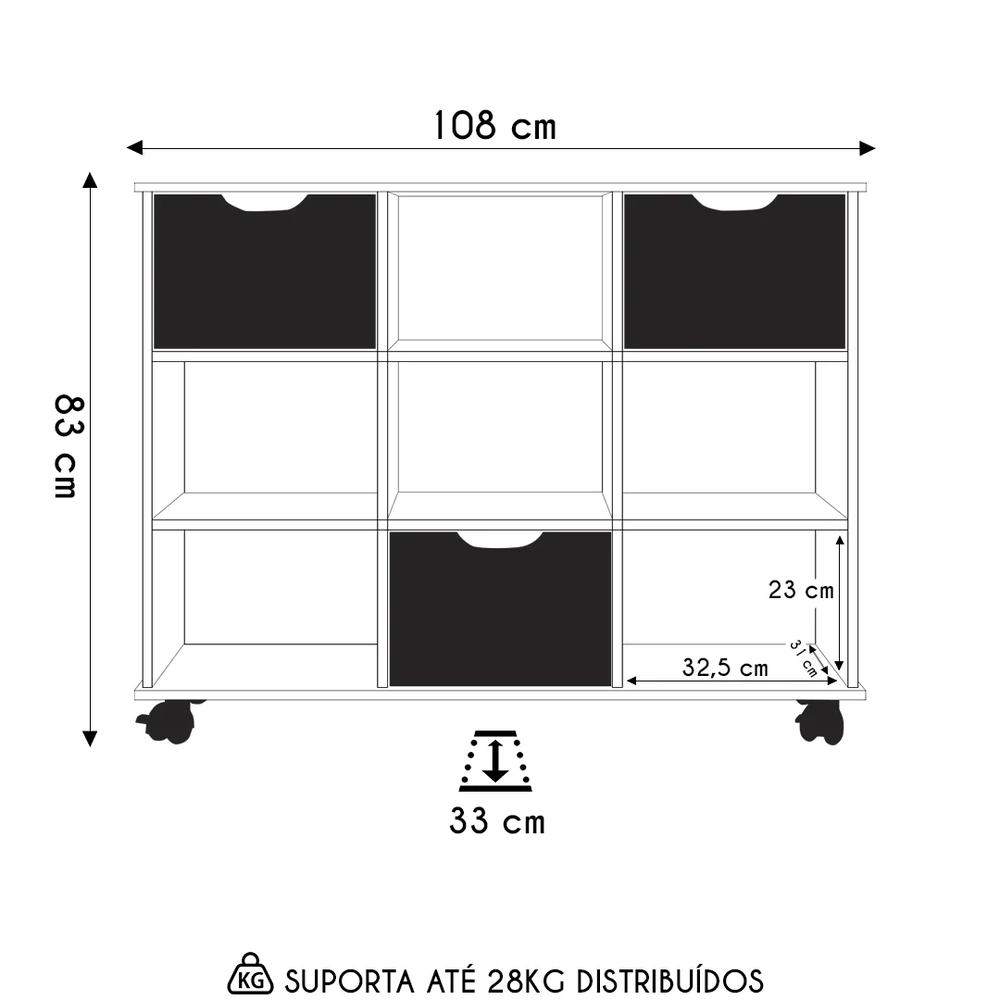 Nicho Organizador 3 Gavetas com Rodízios Freijó/Preto - Qmovi