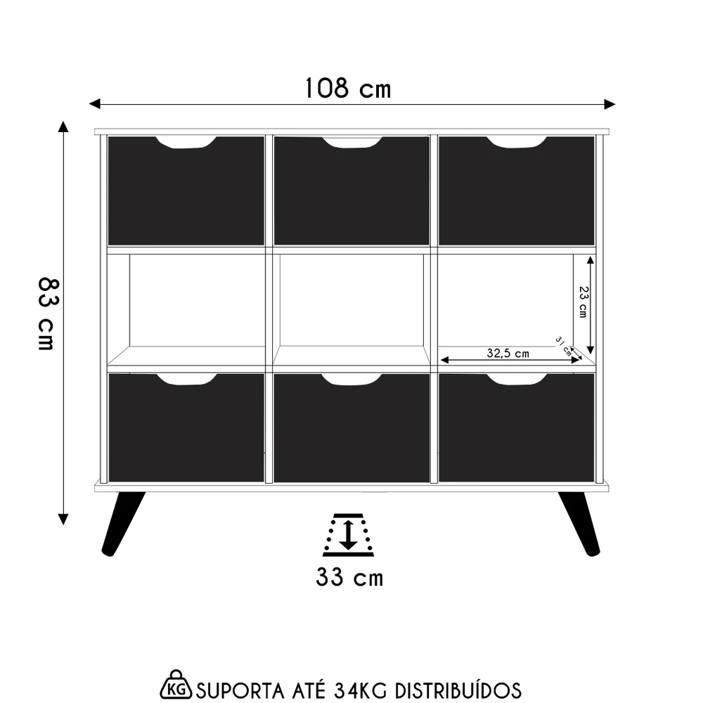 Nicho Organizador Retrô 6 Gavetas Freijó/Preto - Qmovi