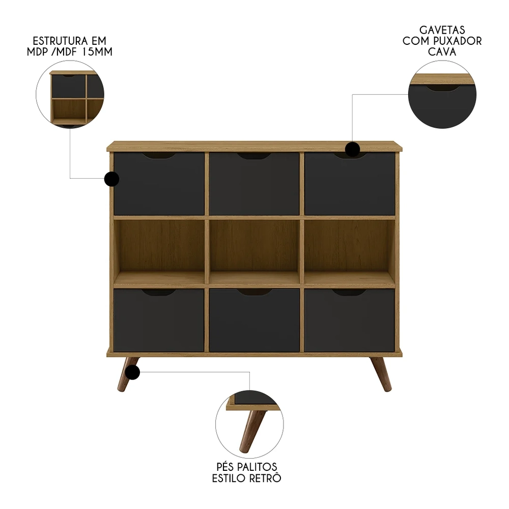 Nicho Organizador Retrô 6 Gavetas Freijó/Preto - Qmovi