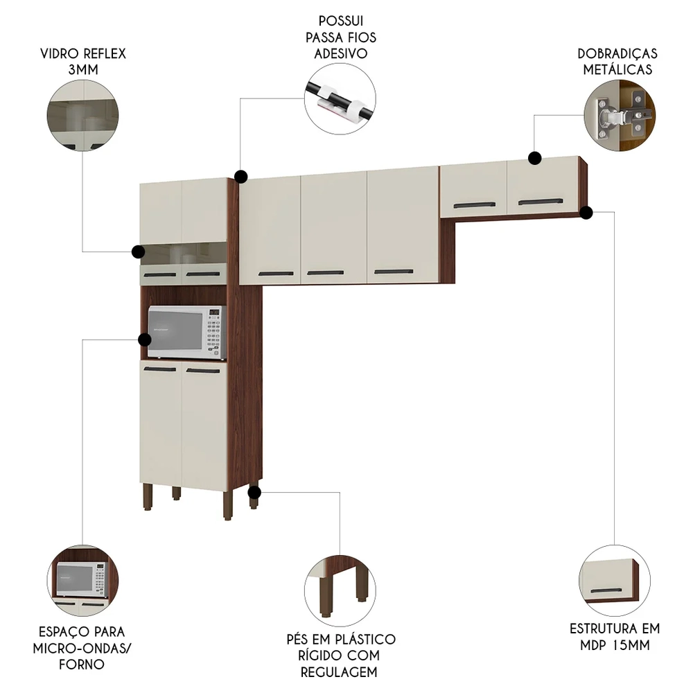 Armário de Cozinha Compacta 251cm Louis Z06 Nogueira/Off - Mpozenato