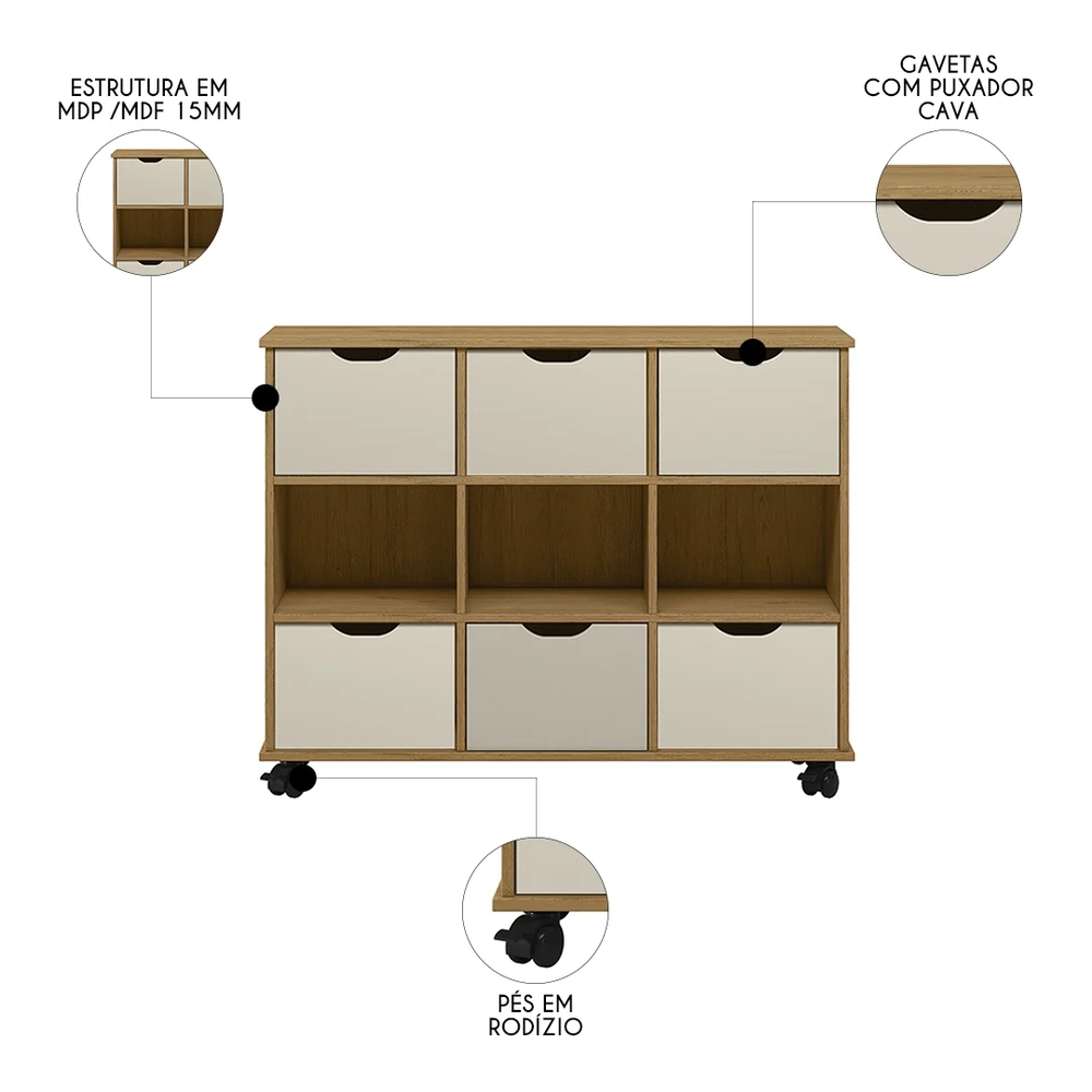 Nicho Organizador 6 Gavetas com Rodízios Freijó/Off White - Qmovi
