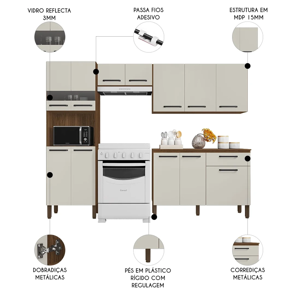 Cozinha Compacta Com Balcão 251cm Louis Z06 Nogueira/Off - Mpozenato
