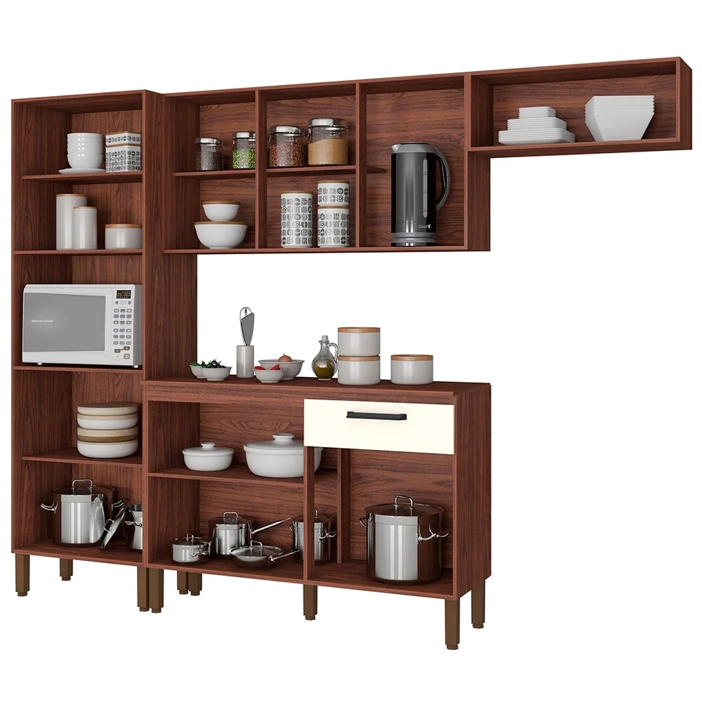 Cozinha Compacta Com Balcão 251cm Louis Z06 Nogueira/Off - Mpozenato