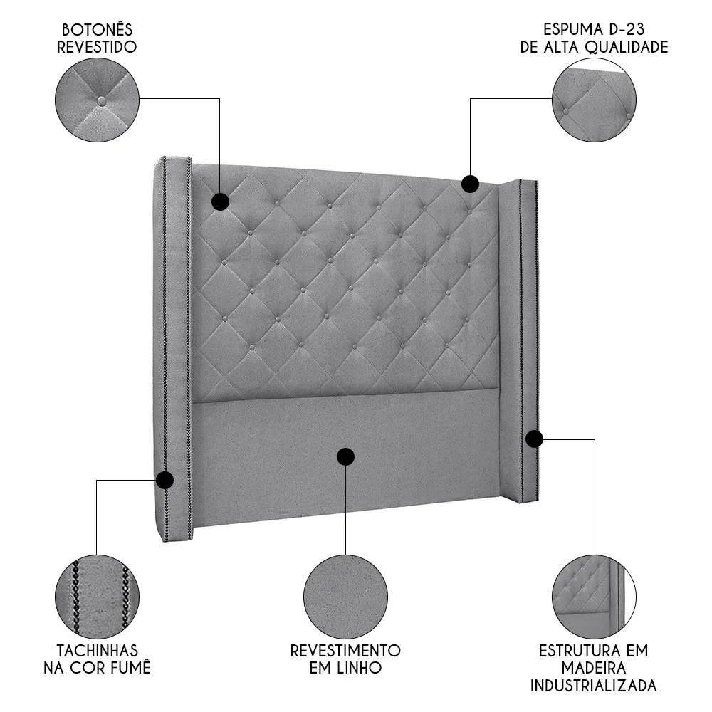 Cabeceira Casal King Cama Box 195cm Louise S06 Linho Cinza - Mpozenato