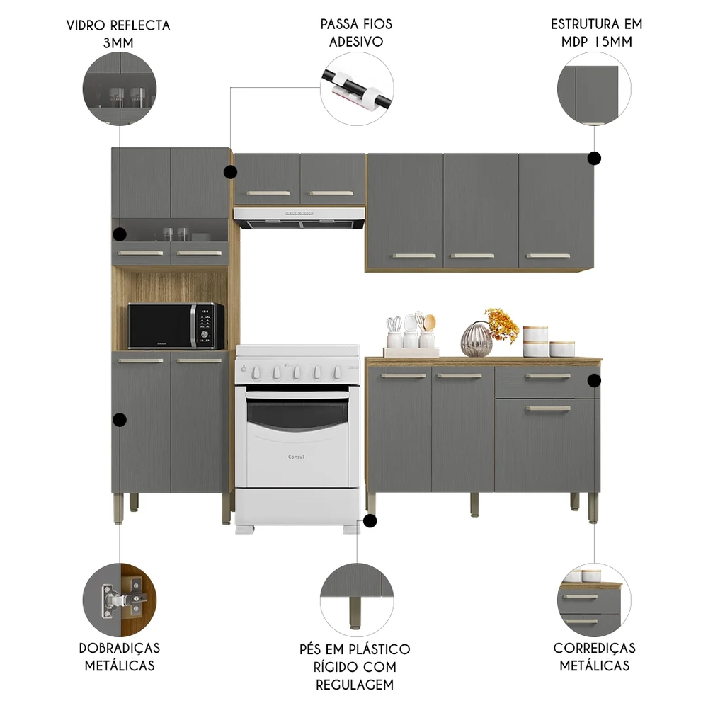Cozinha Compacta Com Balcão 251cm Louis Z06 Freijó/Gris - Mpozenato