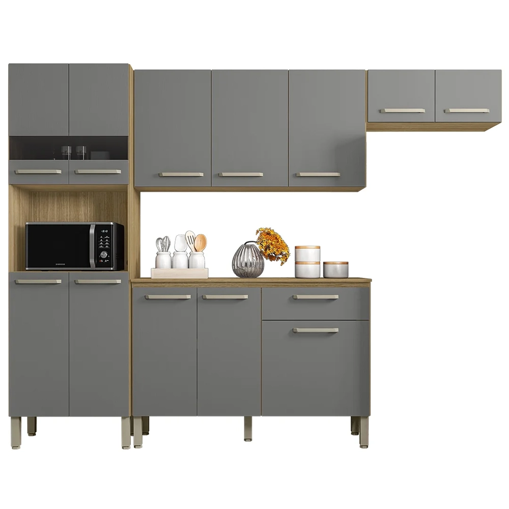 Cozinha Compacta Com Balcão 251cm Louis Z06 Freijó/Gris - Mpozenato