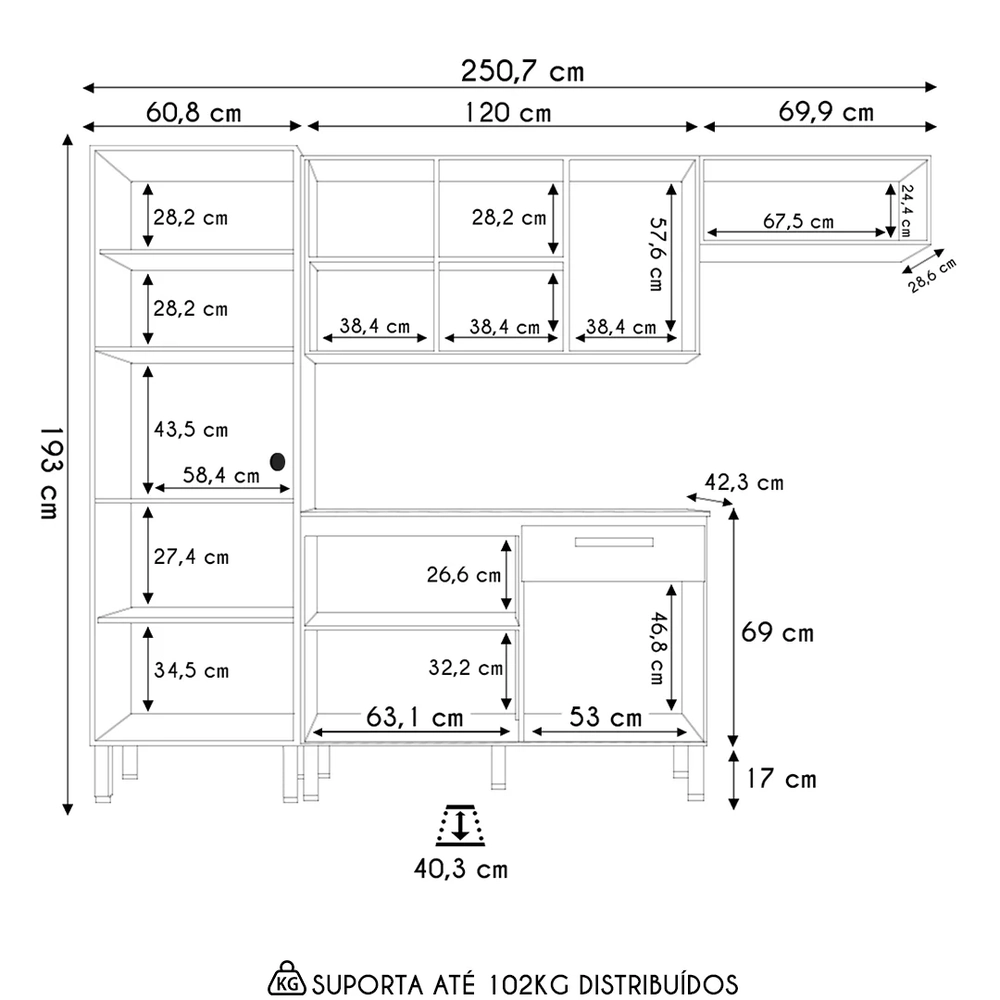Cozinha Compacta Com Balcão 251cm Louis Z06 Freijó/Gris - Mpozenato