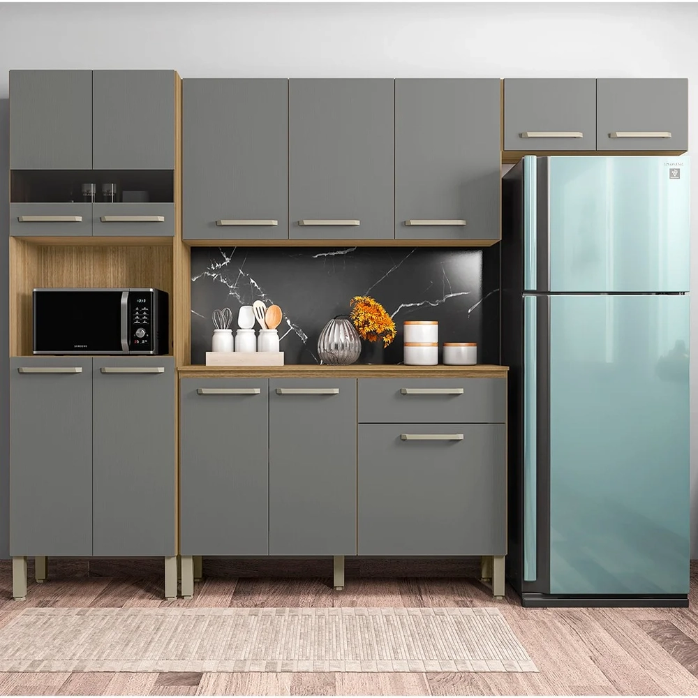 Cozinha Compacta Com Balcão 251cm Louis Z06 Freijó/Gris - Mpozenato