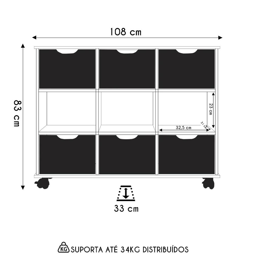 Nicho Organizador 6 Gavetas com Rodízios Freijó/Preto - Qmovi