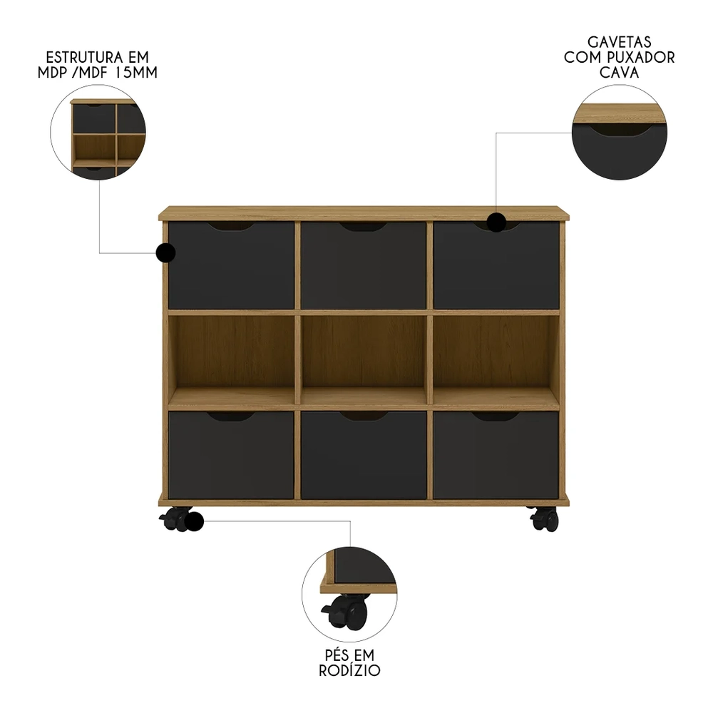 Nicho Organizador 6 Gavetas com Rodízios Freijó/Preto - Qmovi