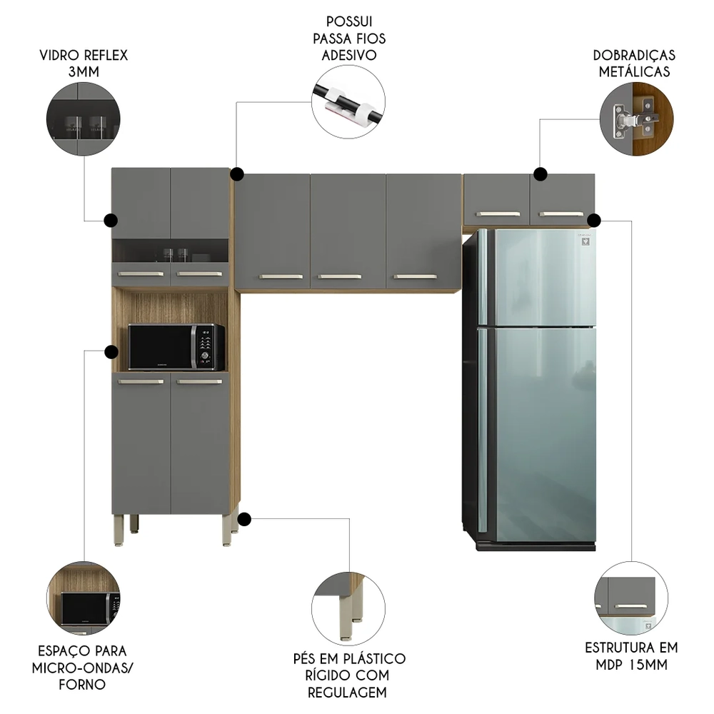 Armário de Cozinha Compacta 251cm Louis Z06 Freijó/Gris - Mpozenato