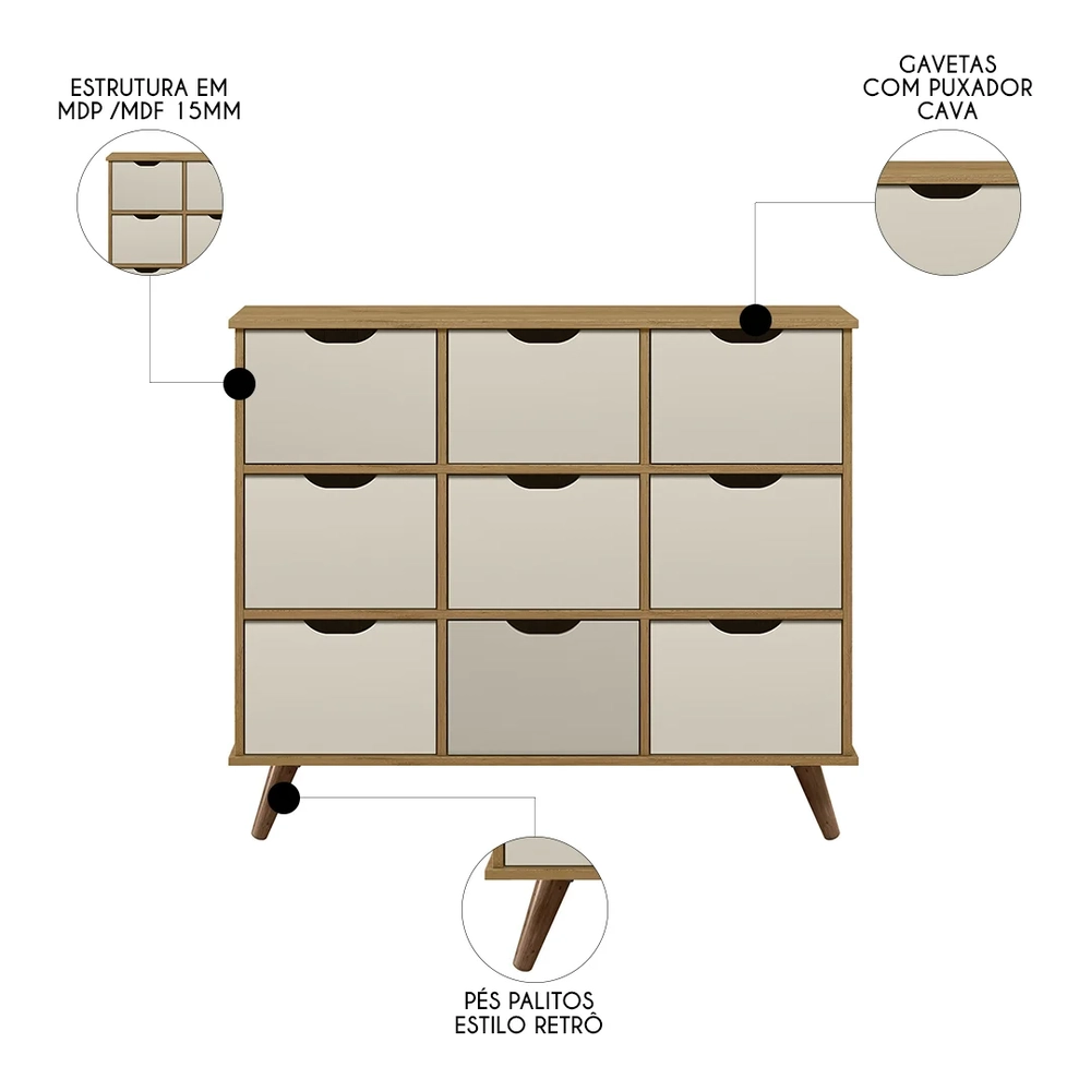 Nicho Organizador Retrô 9 Gavetas Freijó/Off White - Qmovi