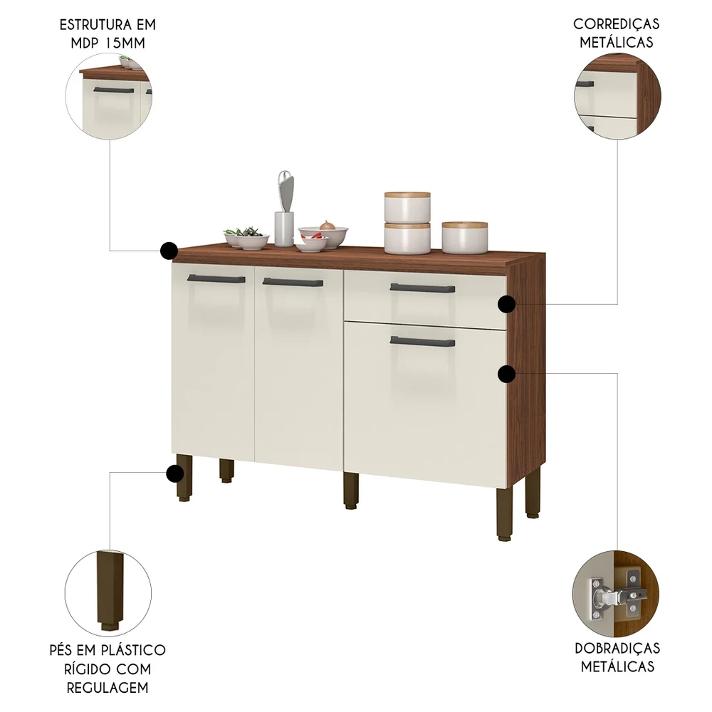 Balcão de Cozinha com Tampo 120cm Louis Z06 Nogueira/Off - Mpozenato