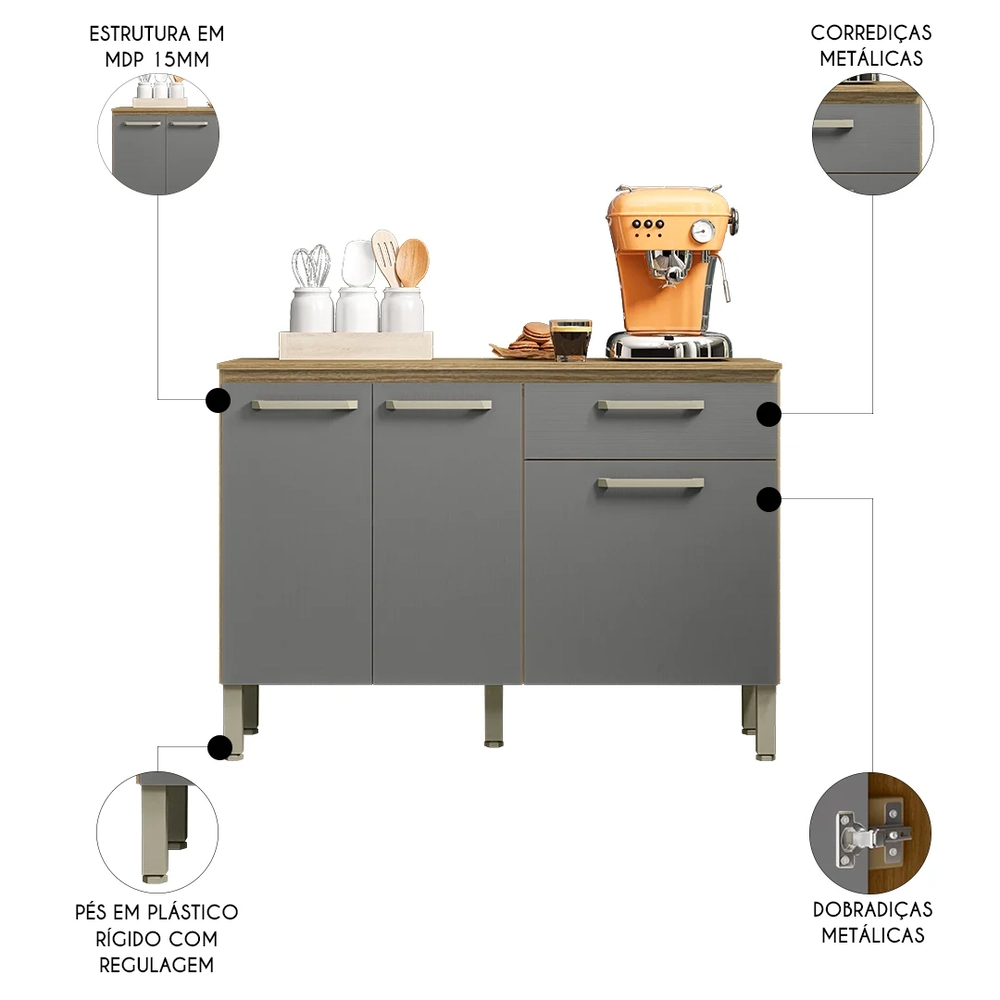 Balcão de Cozinha com Tampo 120cm Louis Z06 Freijó/Gris - Mpozenato