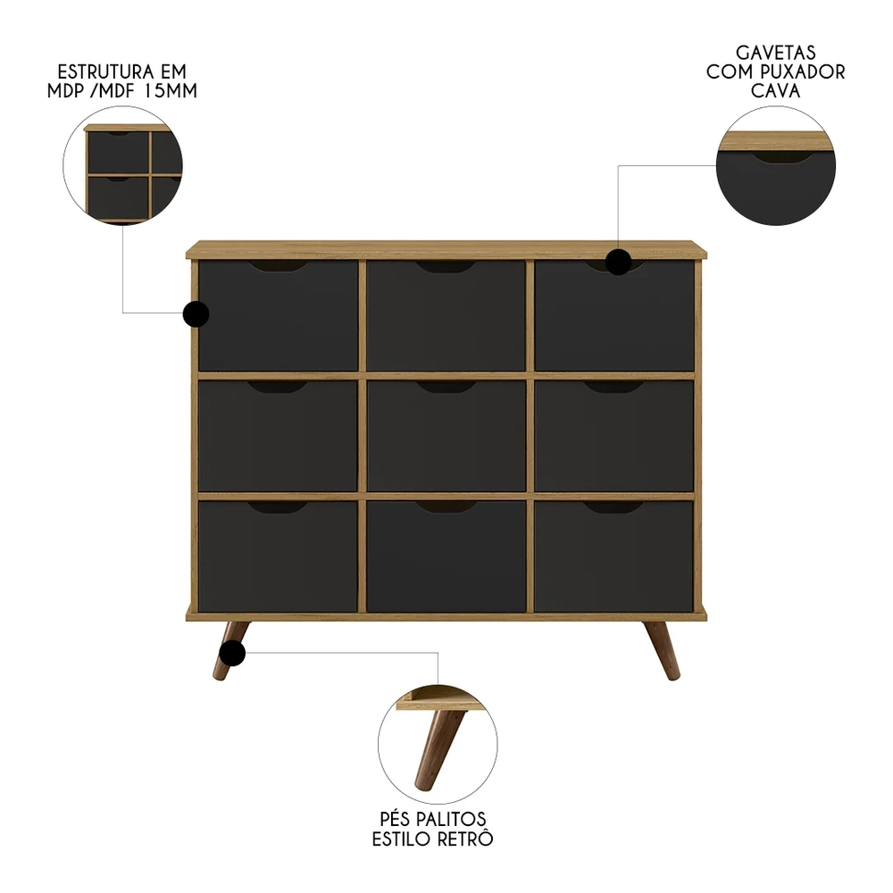 Nicho Organizador Retrô 9 Gavetas Freijó/Preto - Qmovi