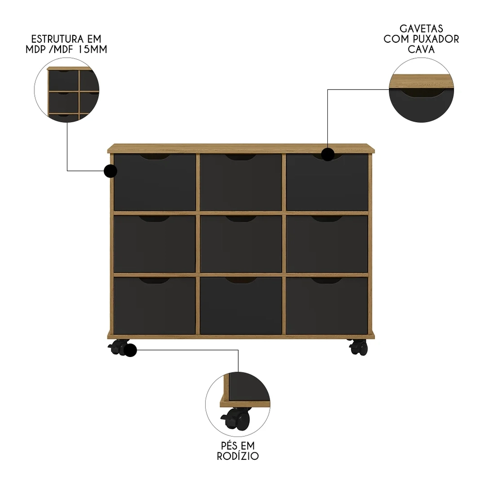 Nicho Organizador 9 Gavetas com Rodízios Freijó/Preto - Qmovi